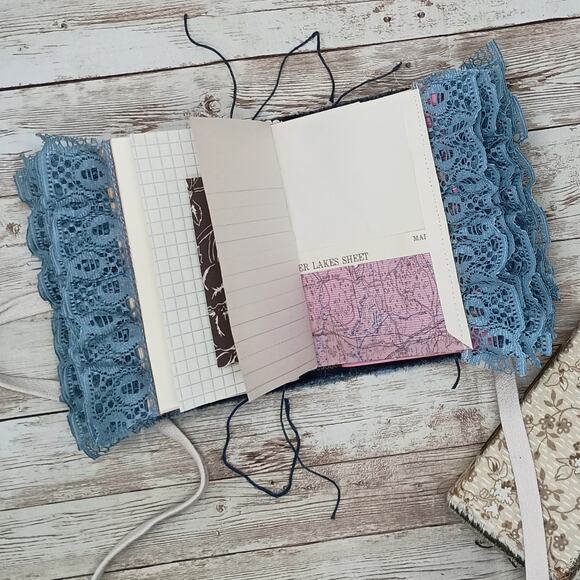 Small Blue Paisley and Beige Junk Journals, Chunky Handmade Recycled Journal - Picture 12 of 16